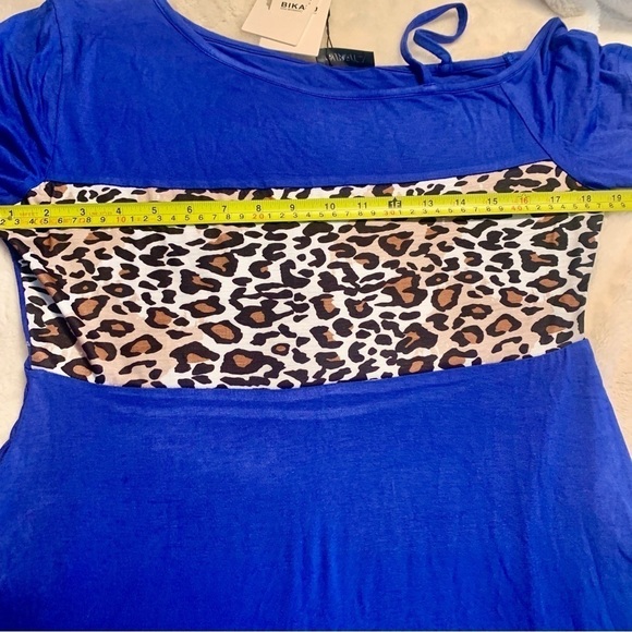 NWT Mini Dress Large Bikatu Royal Blue Animal Panel Asymmetrical Shoulders - Picture 12 of 14